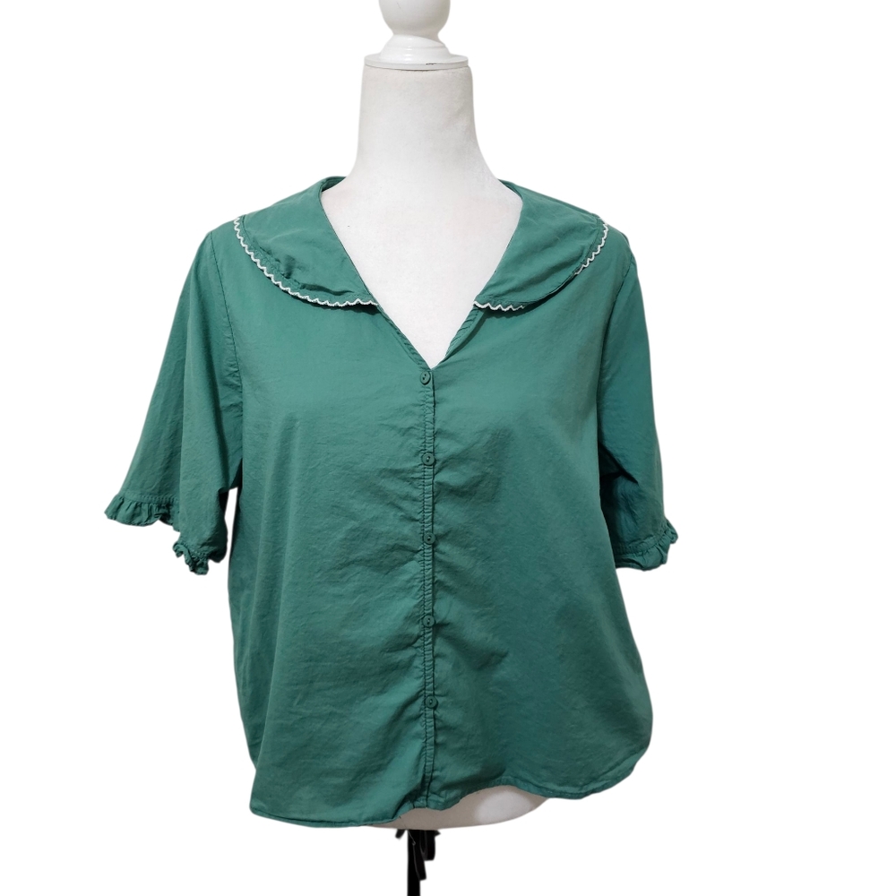 Vintage Green Blouse Short Sleeve Lightweight Romantic Peter Pan Collar - Picture 4 of 13